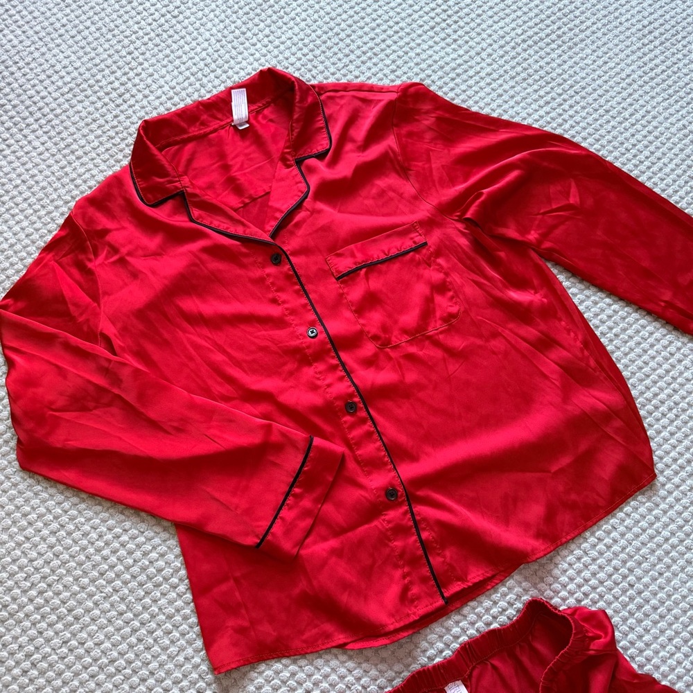 stars above Red Satin Pajama Short Set with Black Trim - Picture 3 of 4